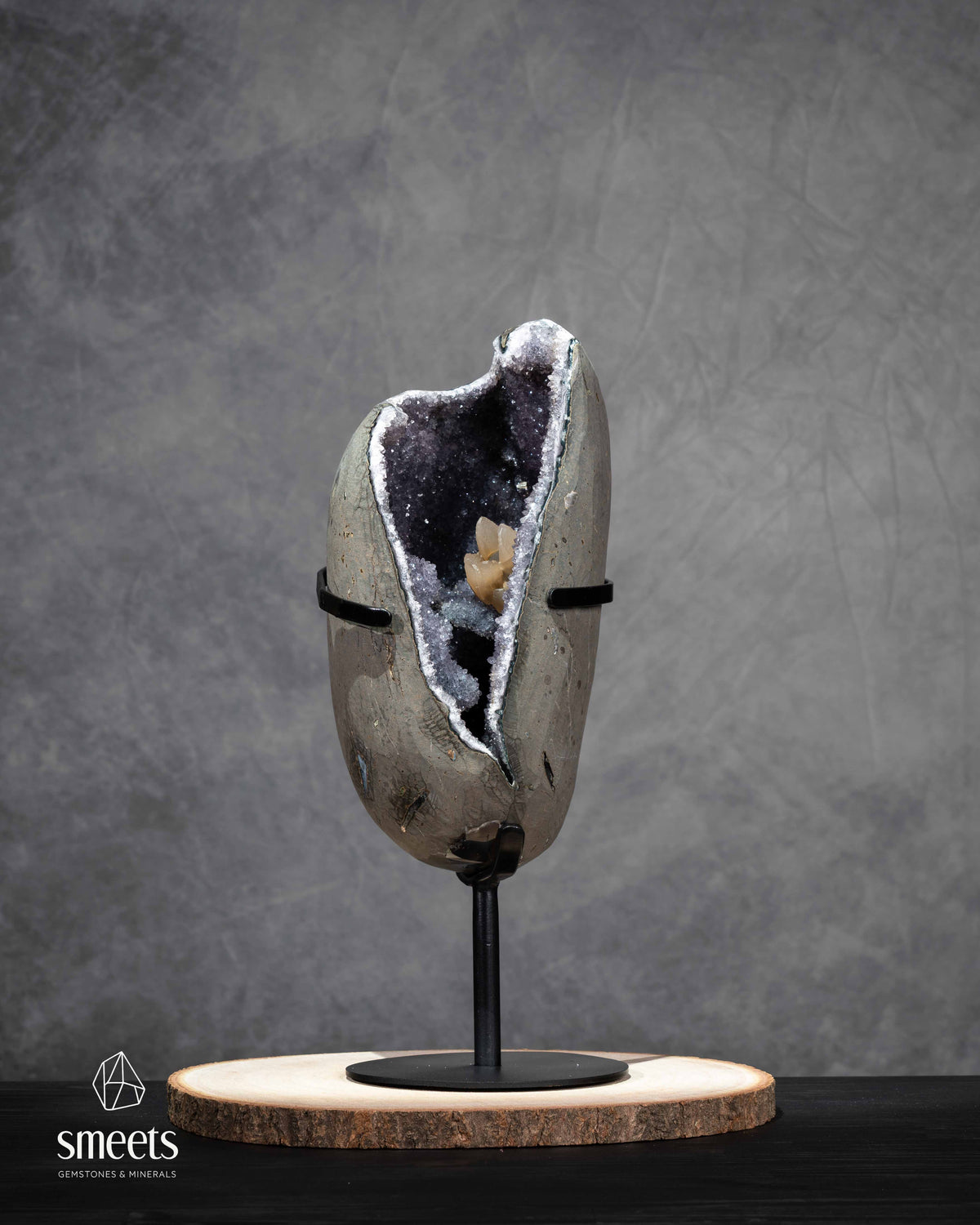 One-of-a-Kind Brazilian Amethyst Geode with Calcite on Metal Stand