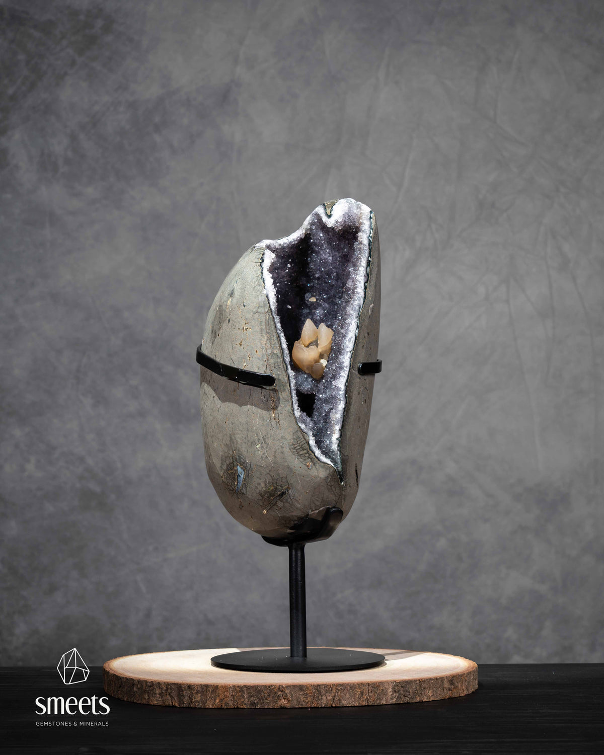 One-of-a-Kind Brazilian Amethyst Geode with Calcite on Metal Stand