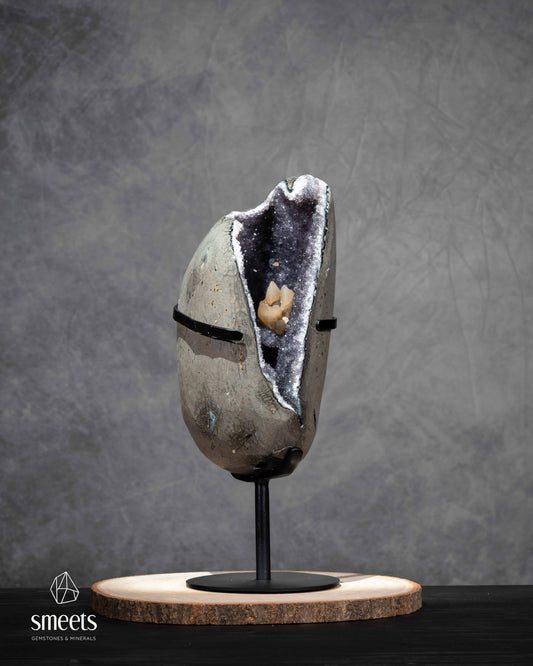 One-of-a-Kind Brazilian Amethyst Geode with Calcite on Metal Stand