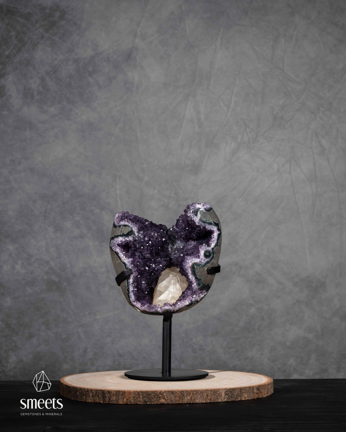 Brazilian Amethyst Geode with Calcite Crystal on Stand – Unique Statement Piece
