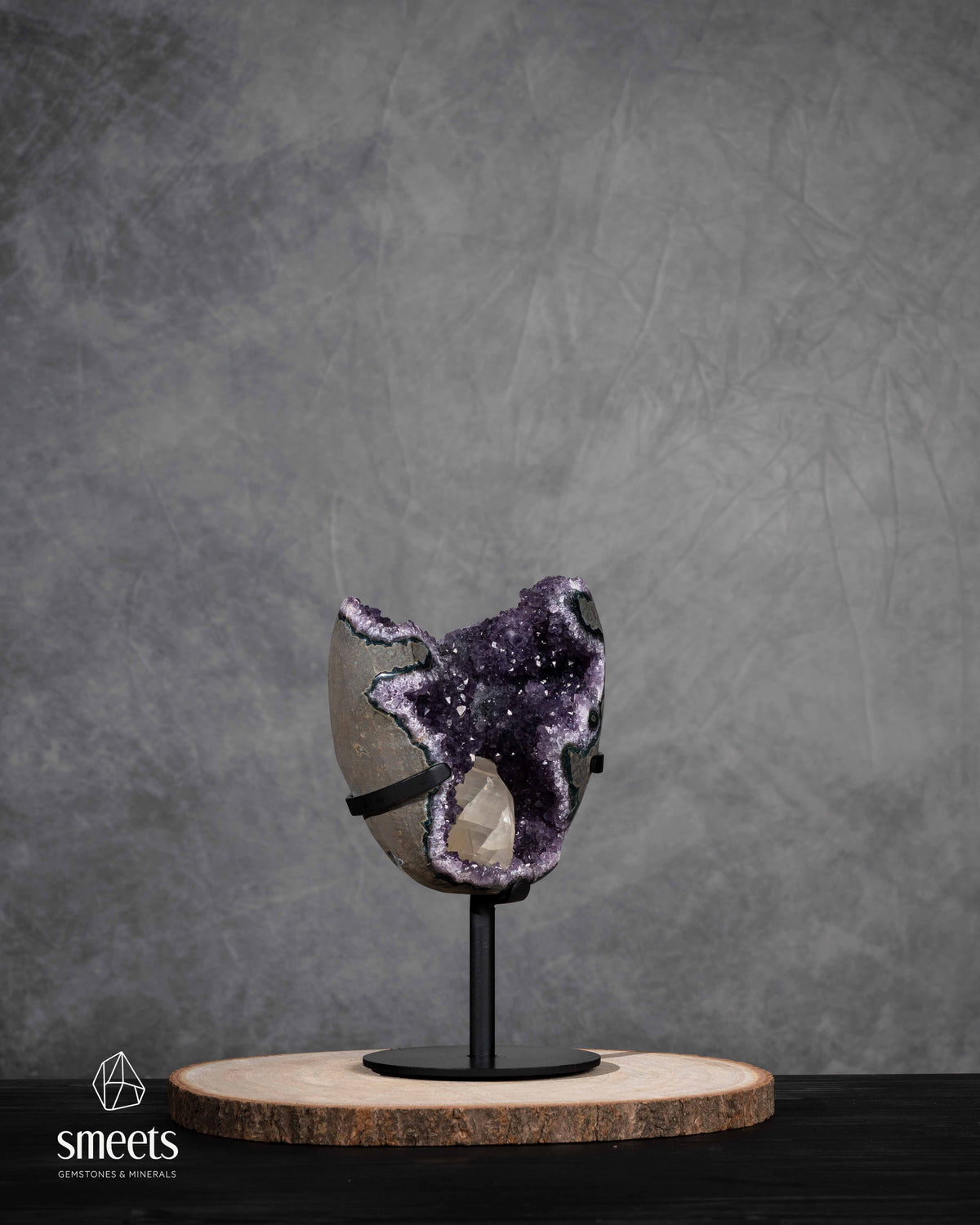 Brazilian Amethyst Geode with Calcite Crystal on Stand – Unique Statement Piece