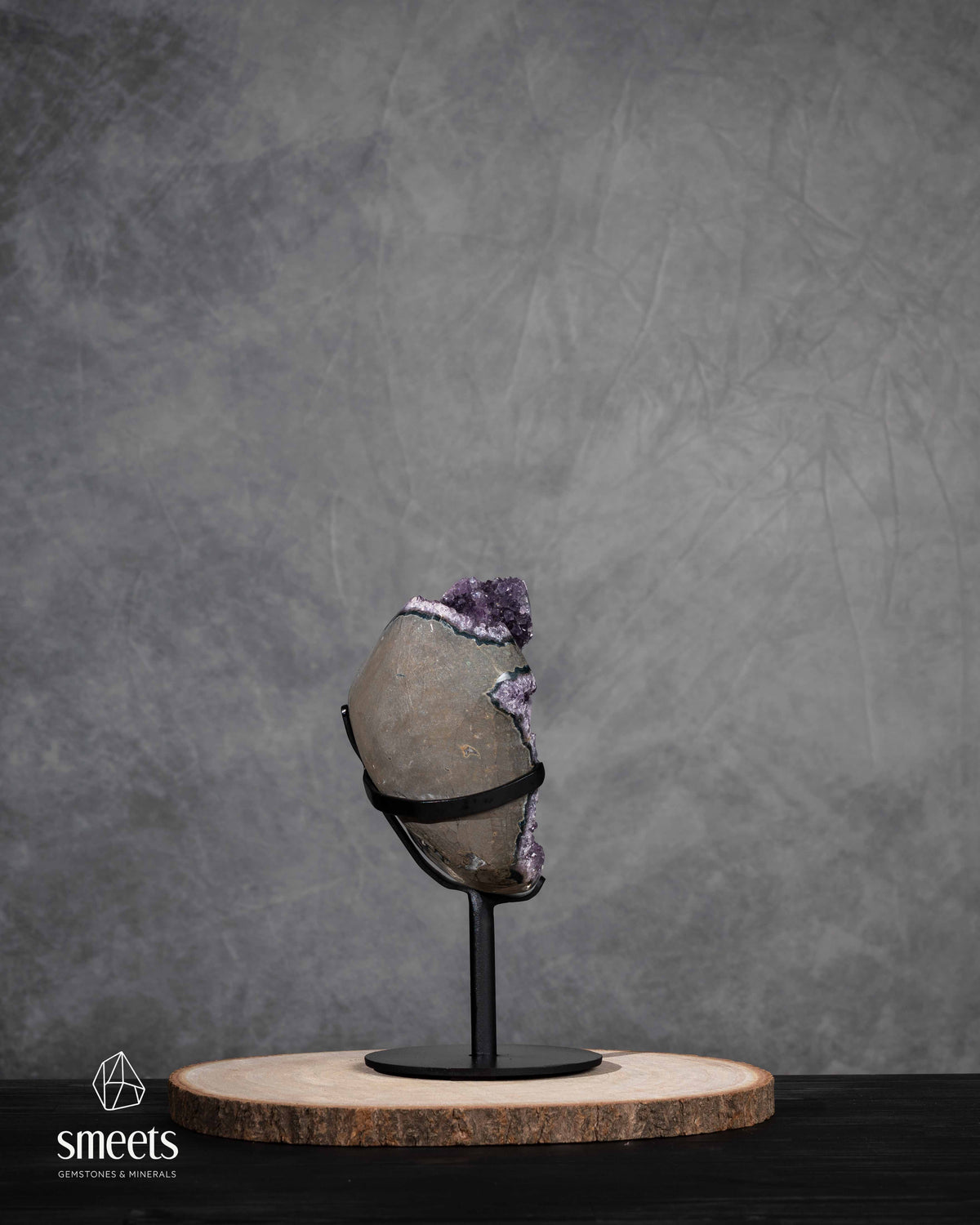Brazilian Amethyst Geode with Calcite Crystal on Stand – Unique Statement Piece