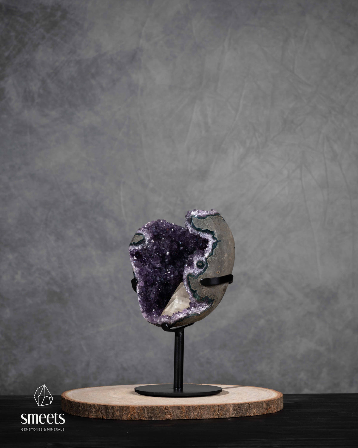 Brazilian Amethyst Geode with Calcite Crystal on Stand – Unique Statement Piece