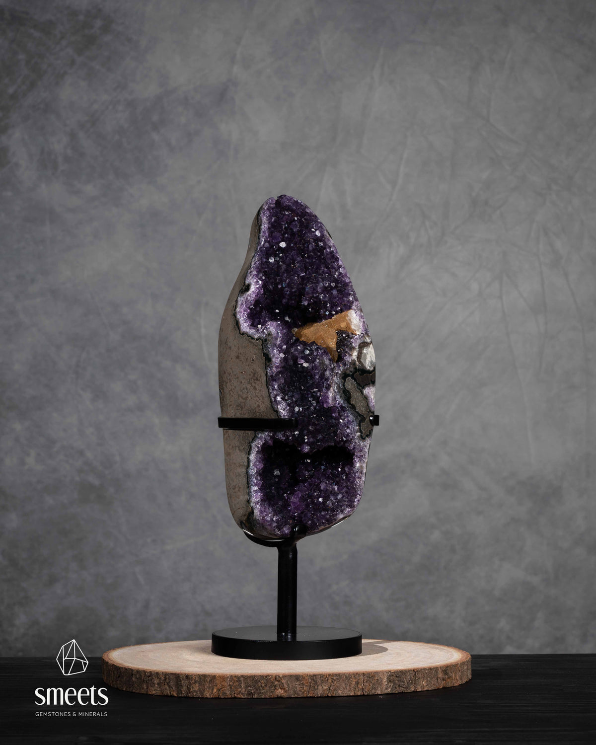 Unique Brazilian Amethyst Geode with Double Crystal Cavity on Metal Stand