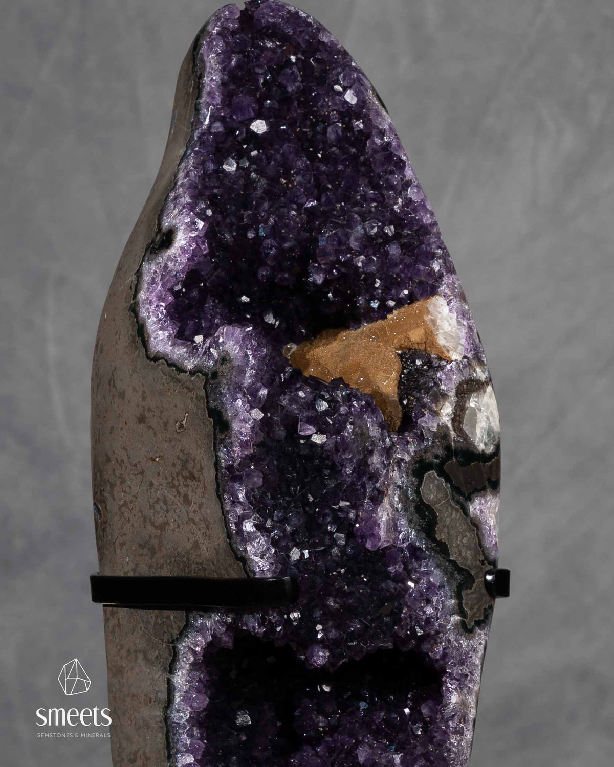Unique Brazilian Amethyst Geode with Double Crystal Cavity on Metal Stand
