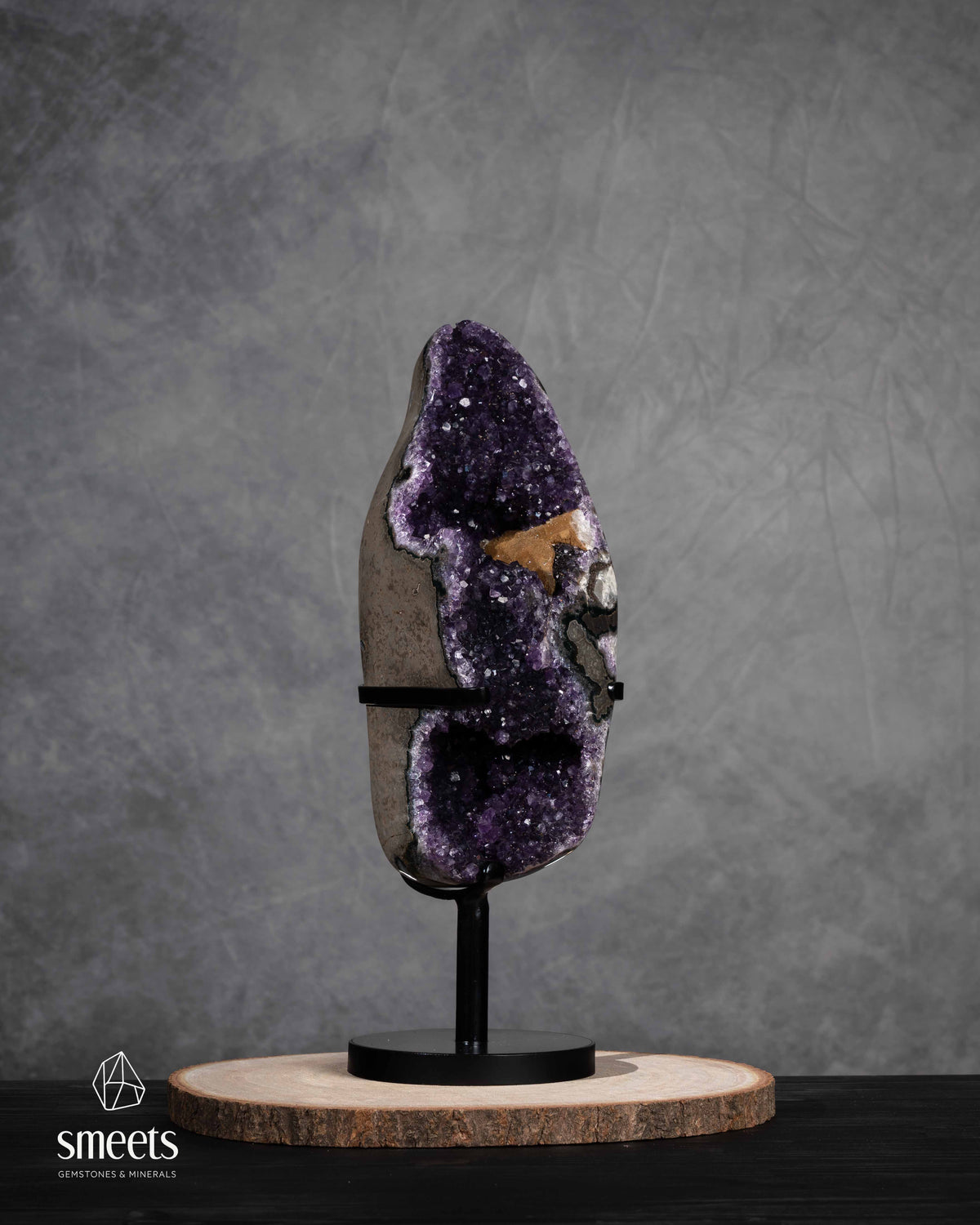 Unique Brazilian Amethyst Geode with Double Crystal Cavity on Metal Stand