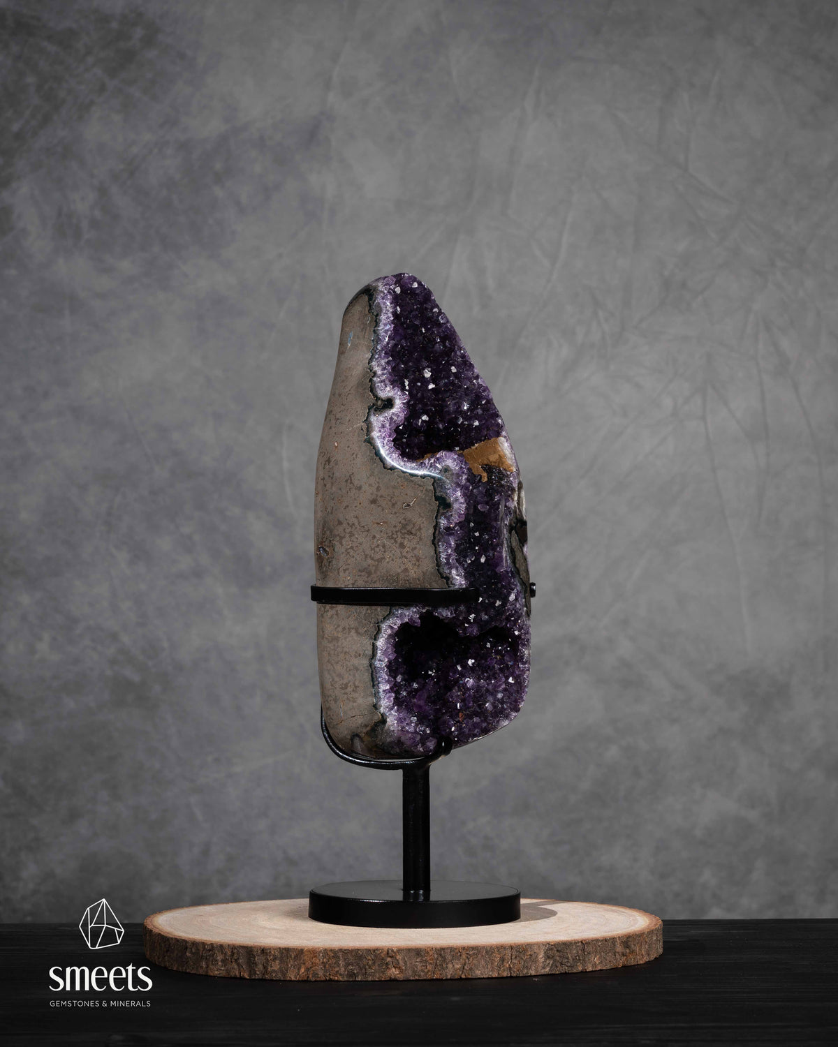 Unique Brazilian Amethyst Geode with Double Crystal Cavity on Metal Stand