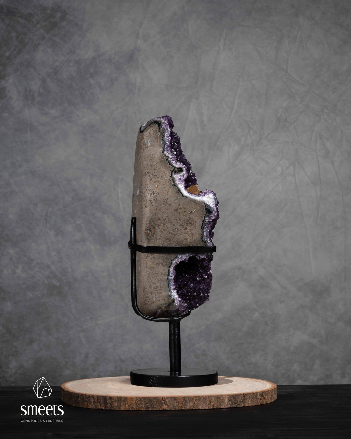Unique Brazilian Amethyst Geode with Double Crystal Cavity on Metal Stand