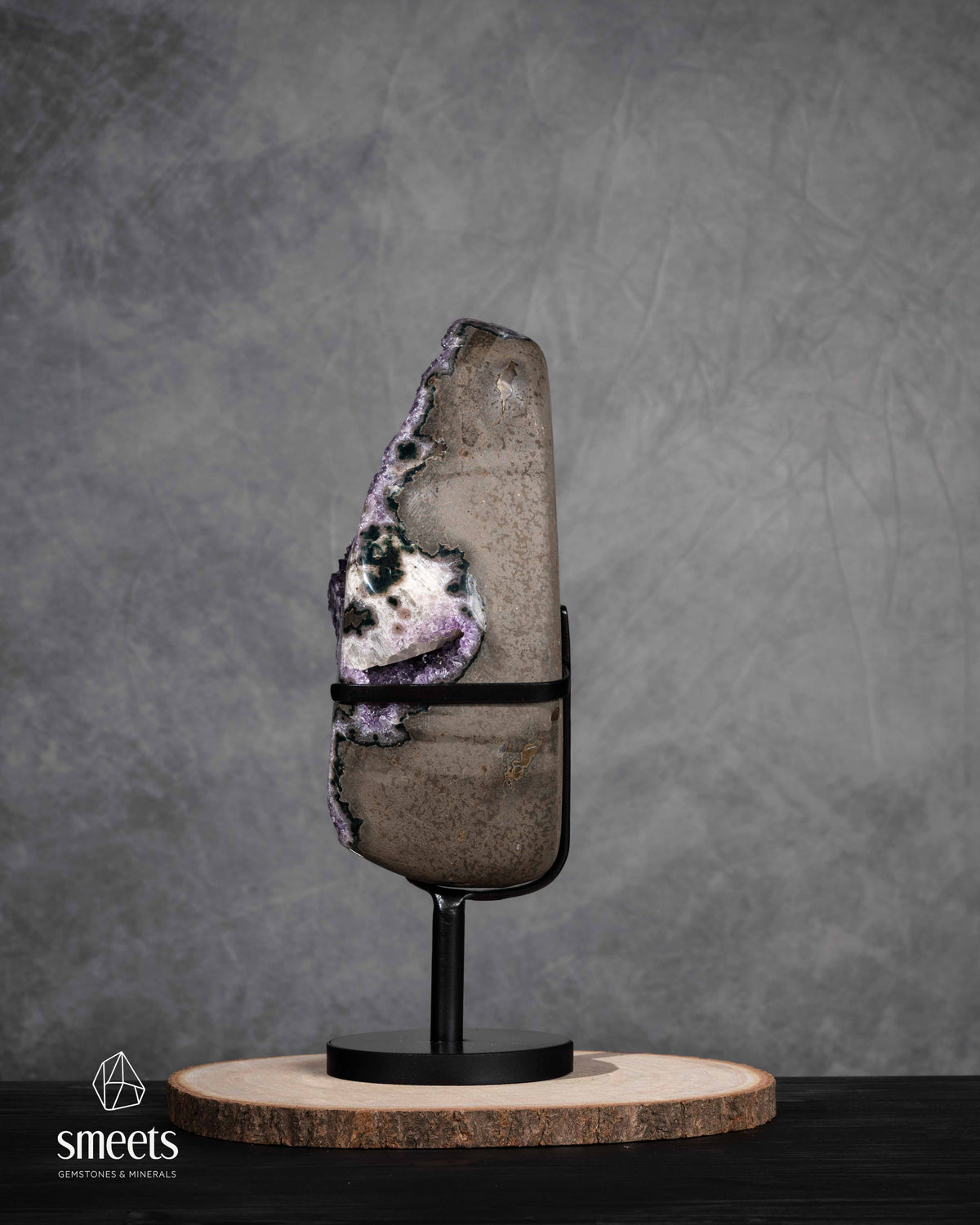 Unique Brazilian Amethyst Geode with Double Crystal Cavity on Metal Stand
