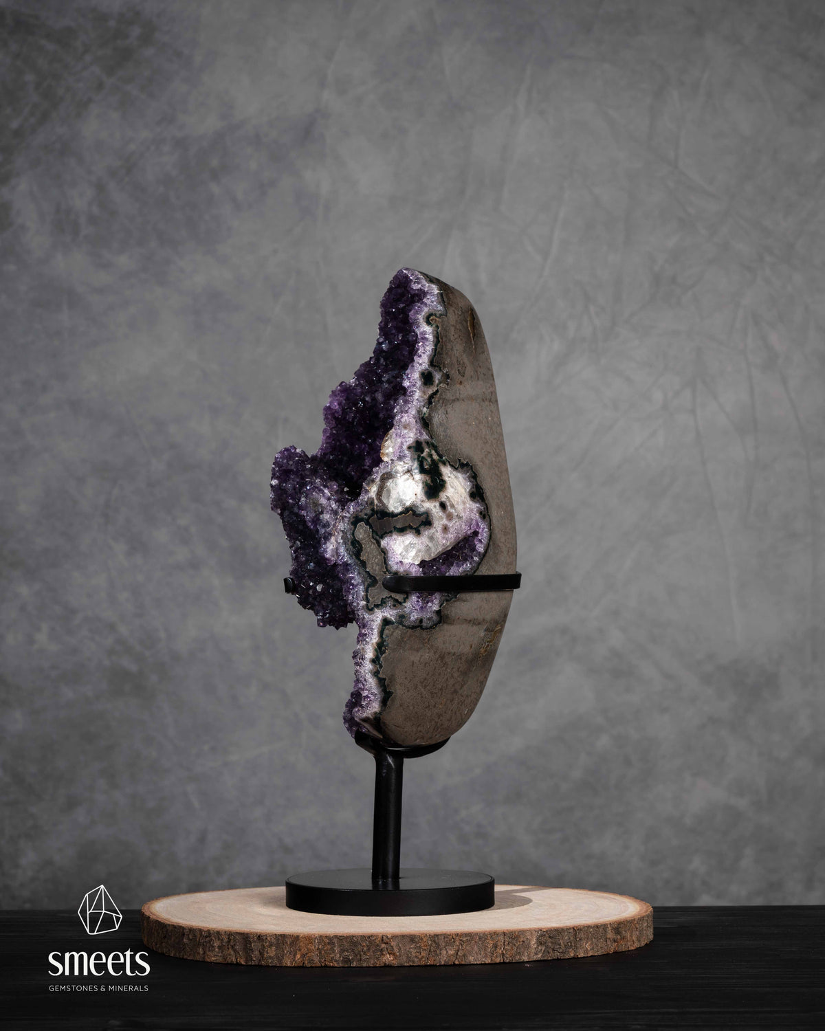 Unique Brazilian Amethyst Geode with Double Crystal Cavity on Metal Stand