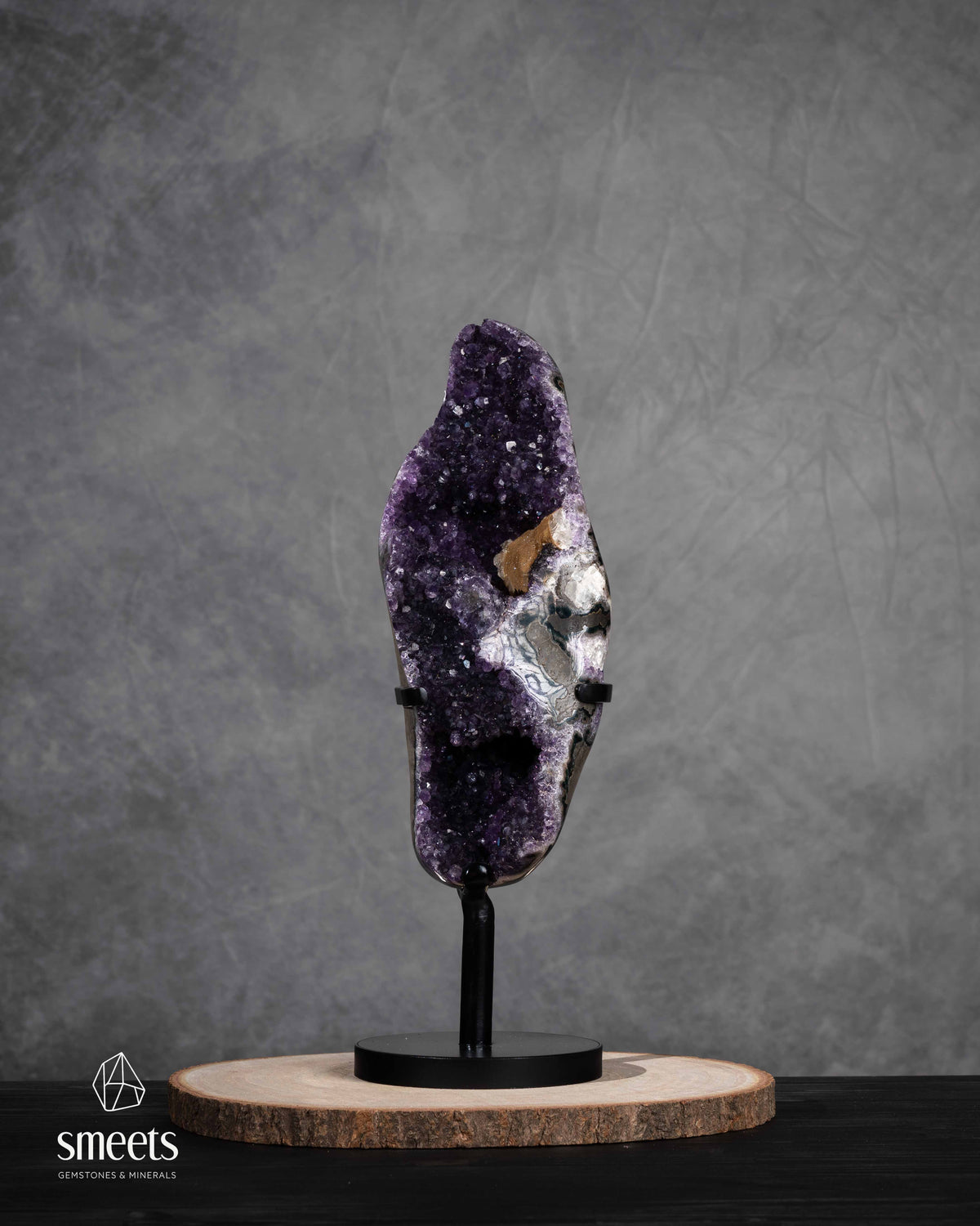 Unique Brazilian Amethyst Geode with Double Crystal Cavity on Metal Stand