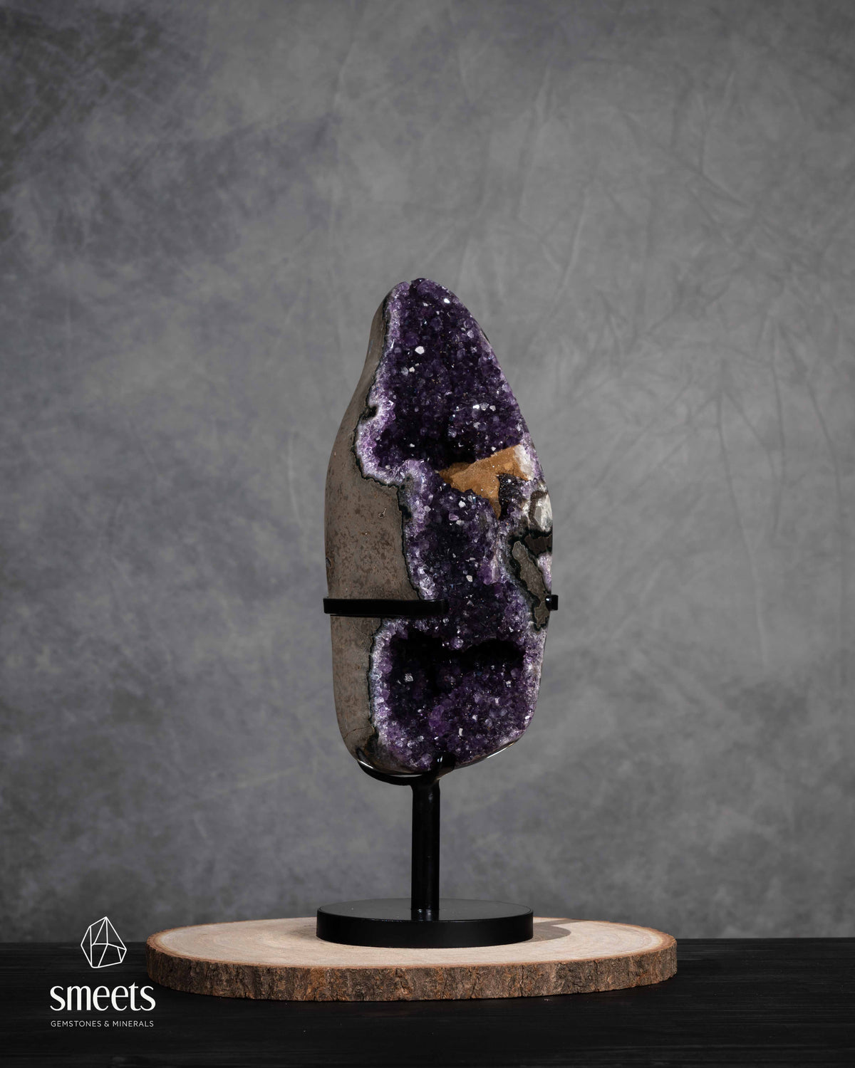 Unique Brazilian Amethyst Geode with Double Crystal Cavity on Metal Stand
